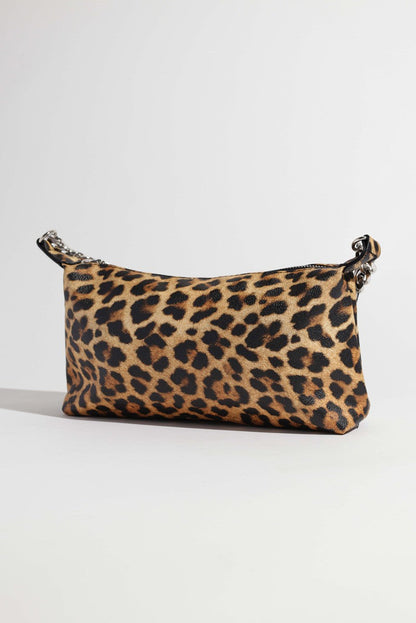 Lavender Tartarus leopard print crossbody handbag with adjustable strap and gold-tone hardware on smooth faux leather.