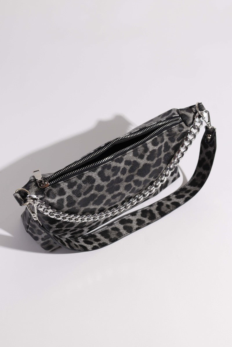 Lavender Tartarus leopard print crossbody handbag with adjustable strap and gold-tone hardware.
