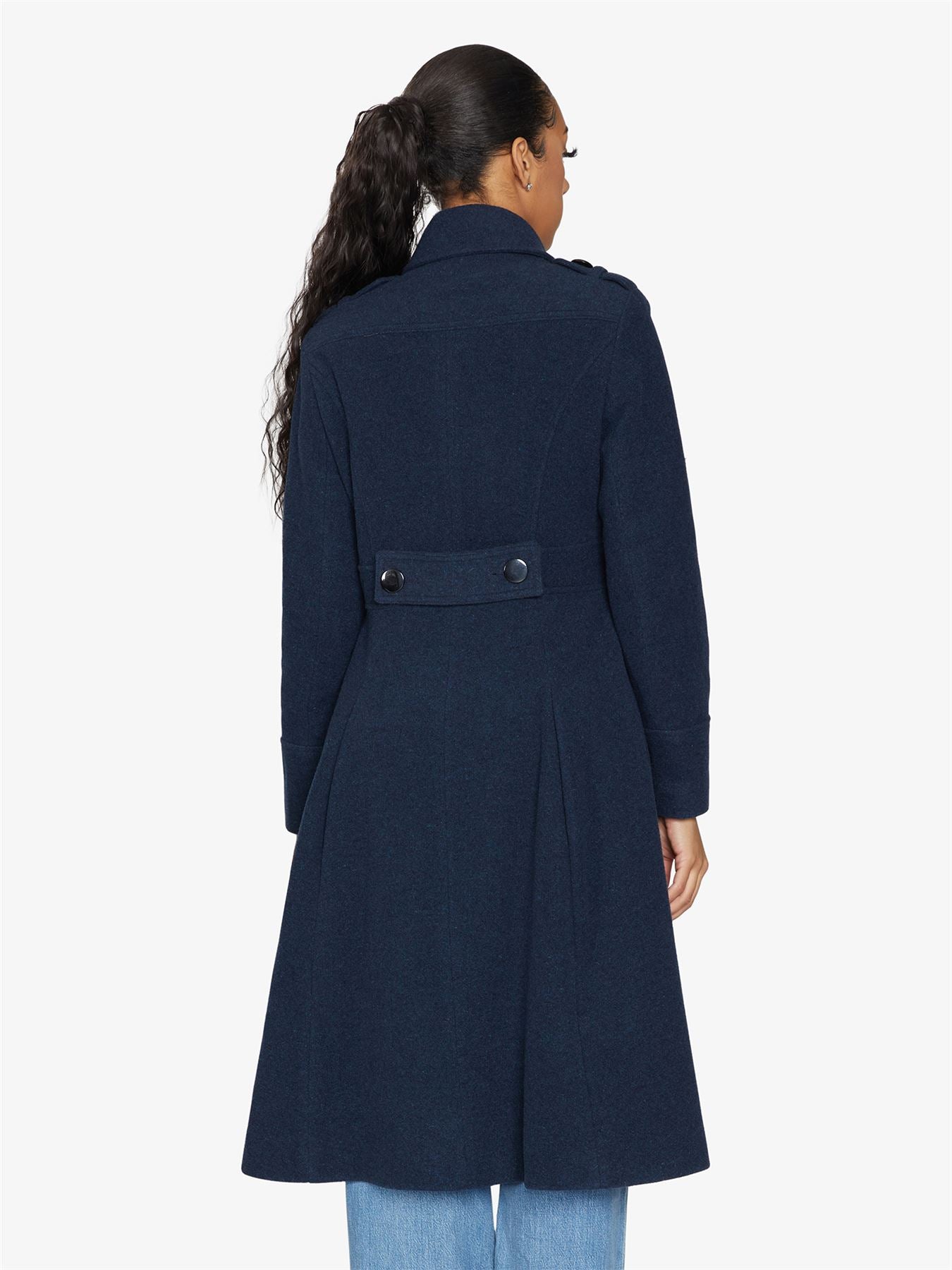 Rose Eleusis A-Line double-breasted coat, stylish jacket with a tailored fit and classic design, displayed on a hanger.