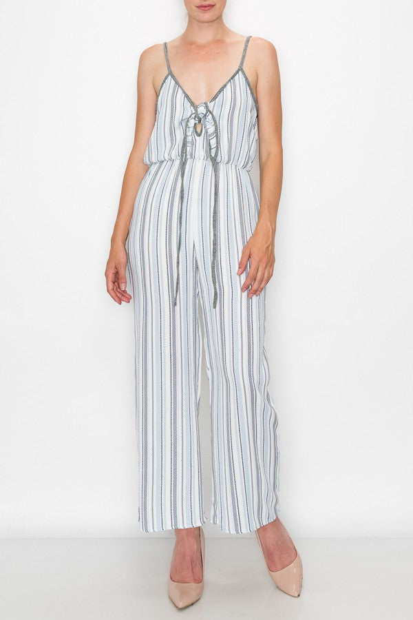 Blue front tie cropped jumpsuit by Yellow Hera, featuring a fitted silhouette and stylish front tie detail.
