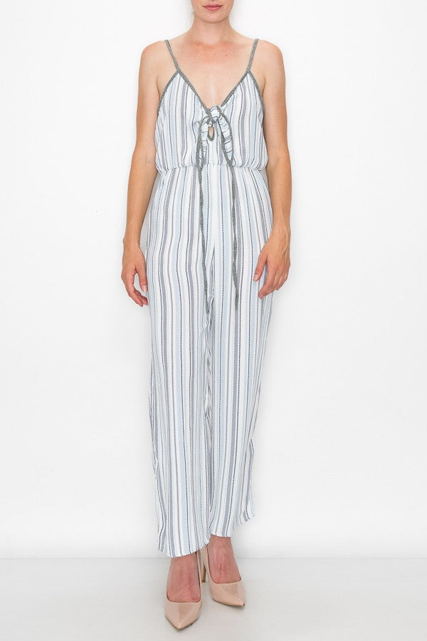 Blue front tie cropped jumpsuit by Yellow Hera, featuring a stylish fit and front tie detail, perfect for casual or summer wear.