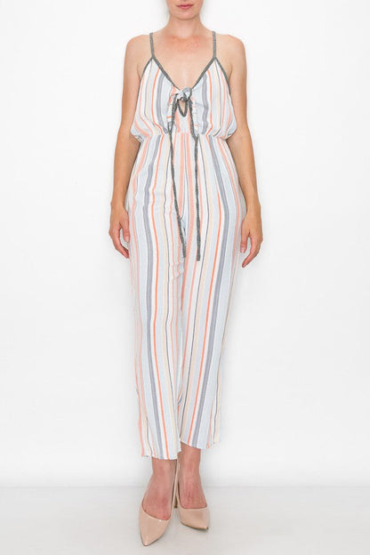 Orange front tie cropped jumpsuit by Yellow Hera, stylish clothing with a fitted waist and sleeveless design.