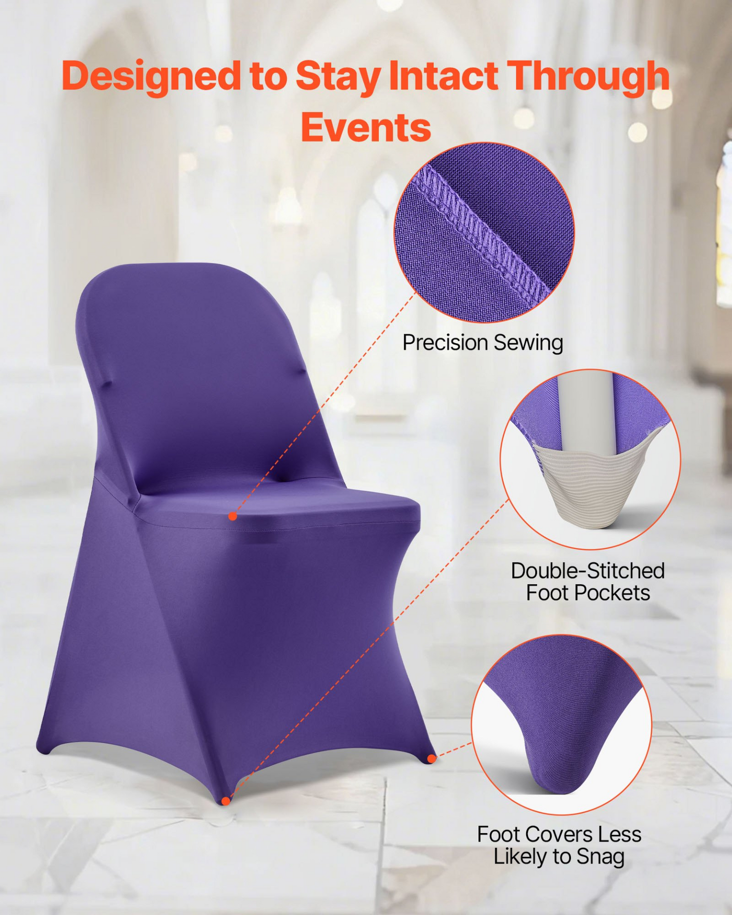 Start2Finish VEVOR purple polyester spandex chair covers for weddings and events, fitting chairs up to 17.72 x 18.11 x 30.31 inches.