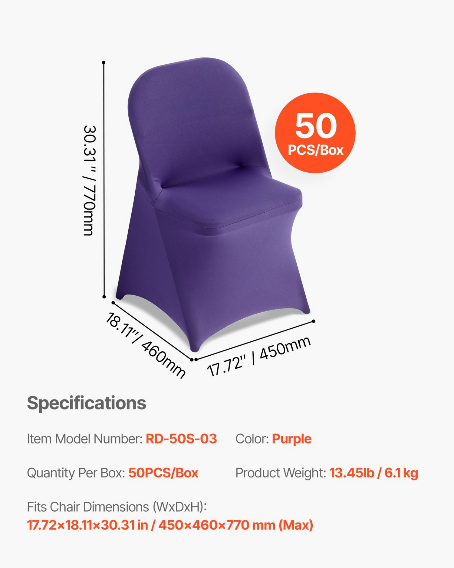Set of 50 purple VEVOR polyester spandex chair covers for wedding and event chairs, fits up to 17.7 x 18.1 x 30.3 inches.