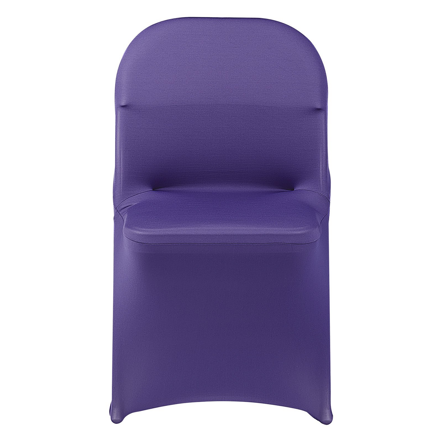 Set of 50 purple polyester spandex chair covers by Start2Finish for weddings, parties, and banquets, fitting chairs up to 30 inches.