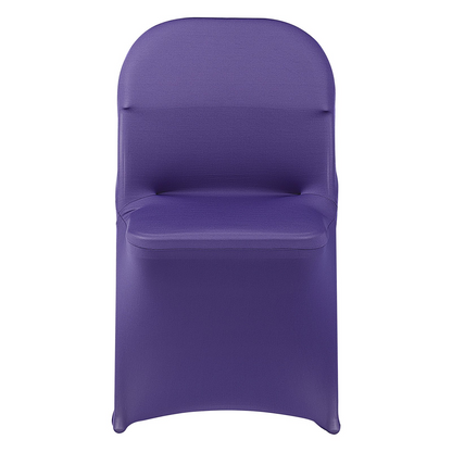 Set of 50 purple polyester spandex chair covers by Start2Finish for weddings, parties, and banquets, fitting chairs up to 30 inches.