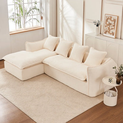 Carmine Juneberry LuneluX Home oversized 3-seater L-shape sofa with chaise, upholstered in soft fabric, in a modern living room setting.