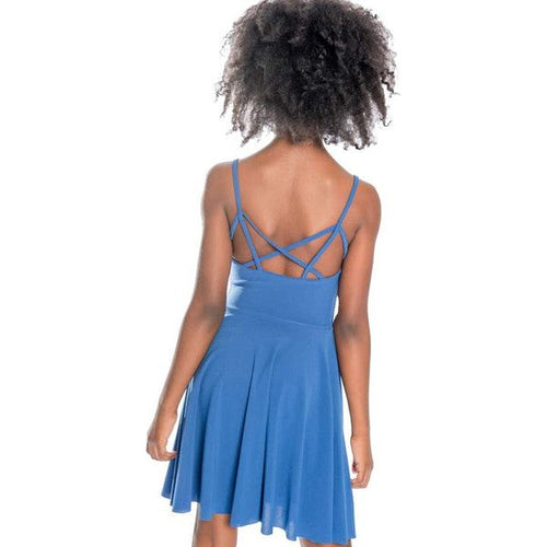 Girls cage back skater dress by Jade Icarus, featuring a stylish design with a fitted bodice and flared skirt in vibrant fabric.