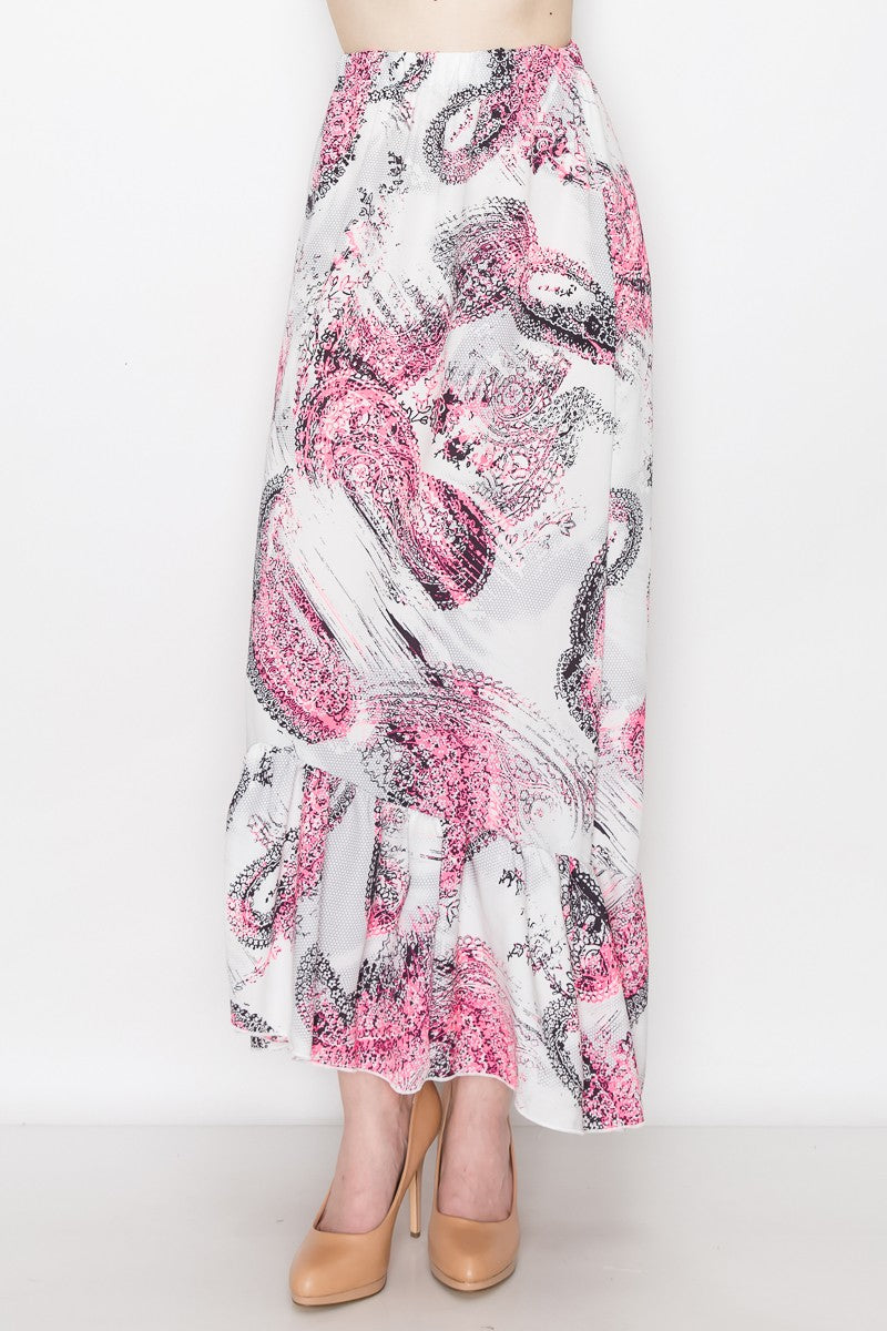 Yellow Hera pink paisley print long skirt with flared bottom, featuring a bohemian style dress design.