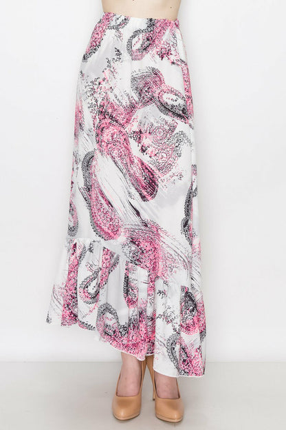 Pink paisley print long skirt with flared bottom from Yellow Hera, featuring a flowing dress style and vibrant pattern.