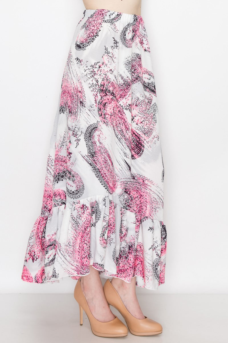 Yellow Hera flared pink paisley print long skirt with a flowing design and wide hem, perfect for bohemian-style dresses.