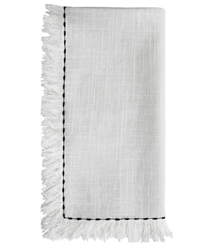 Set of 4 Start2Finish home table cloth napkins with elegant black embroidery, featuring detailed stitched patterns on soft fabric.