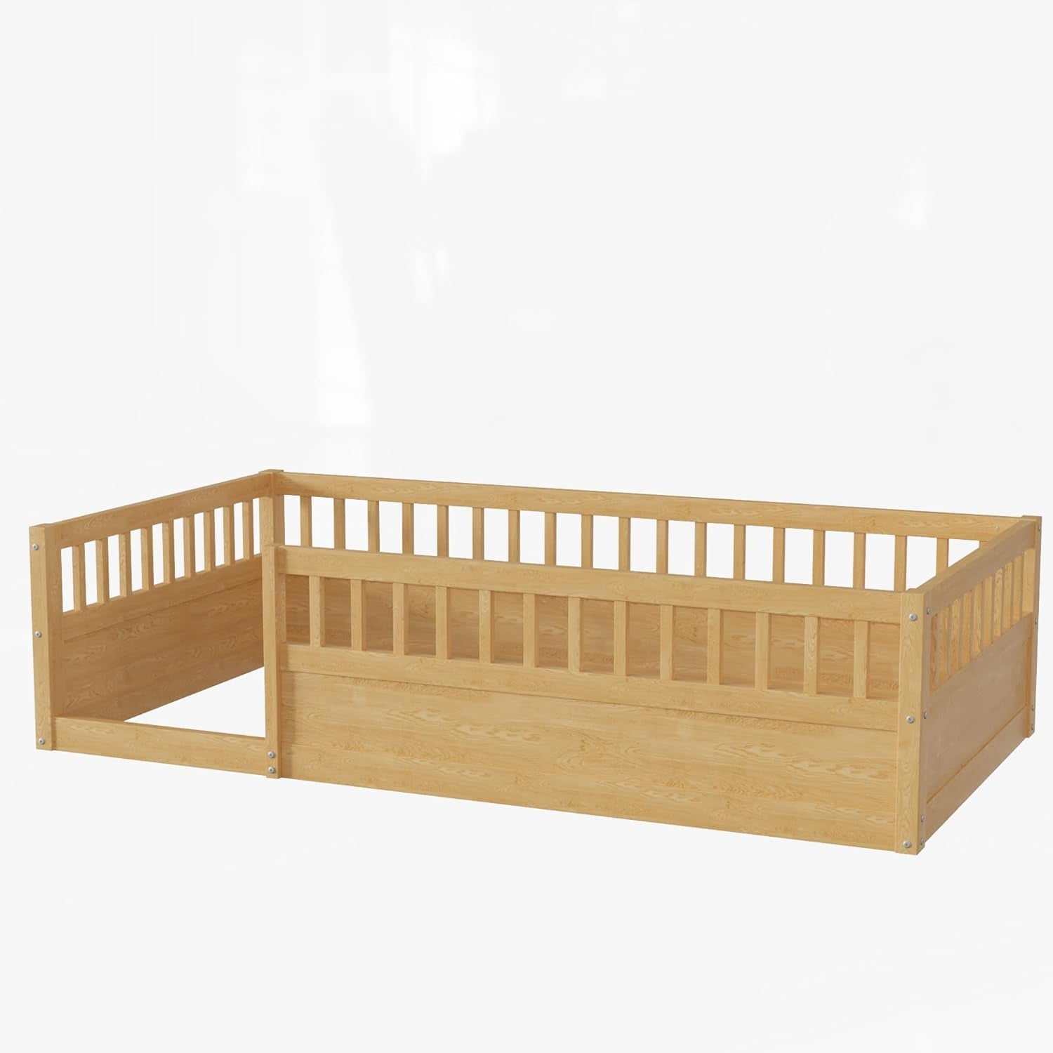 Natural twin Montessori floor bed with high safety rails by Peach Maple, featuring a sturdy wooden frame and secure design.