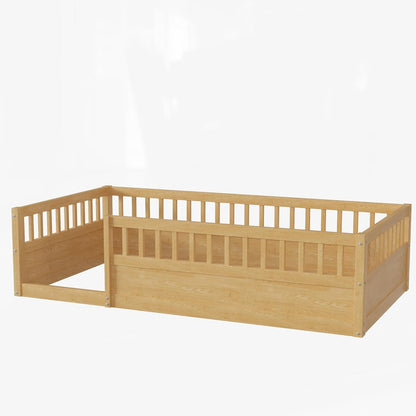 Natural twin Montessori floor bed with high safety rails by Peach Maple, featuring a sturdy wooden frame and secure design.