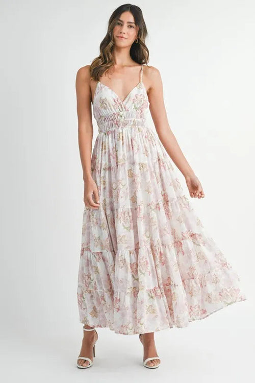 Pear Daisy floral print tiered cami maxi dress with ruffled straps and flowing fabric, perfect for summer wear.