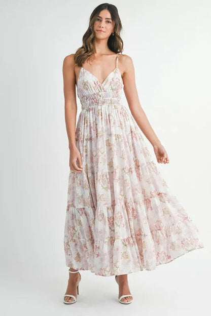 Pear Daisy floral print tiered cami maxi dress with ruffled straps and flowing fabric, perfect for summer wear.