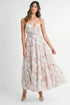 Pear Daisy floral print tiered cami maxi dress with ruffled straps and flowing fabric, perfect for summer wear.
