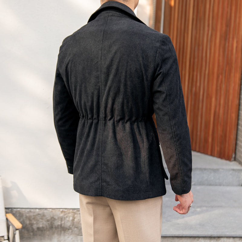 Carmine Juneberry corduroy command jacket from Haute Edition 25, featuring a stylish tailored design and button details.