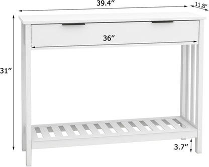 White Minimalist Console Table With Generous Drawer