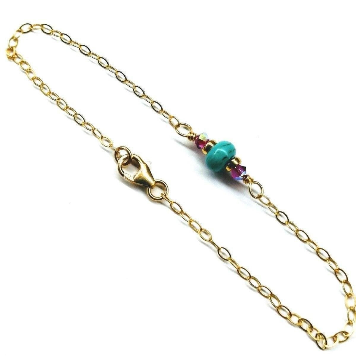 14K gold filled bracelet with pink and turquoise gemstones, dainty jewelry piece by Blue Crius.