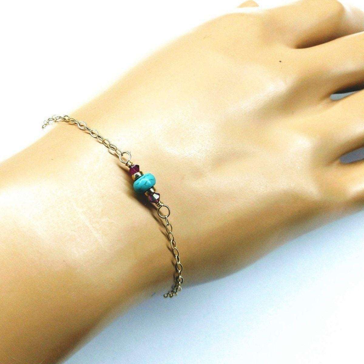 14K gold-filled pink and turquoise gemstone dainty bracelet with delicate chain from Blue Crius.