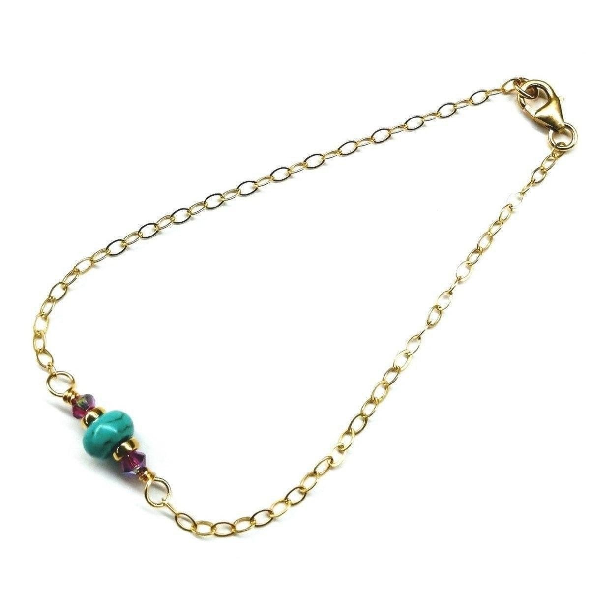 14K gold filled pink and turquoise gemstone dainty bracelet with delicate chain and colorful stones, by Blue Crius.