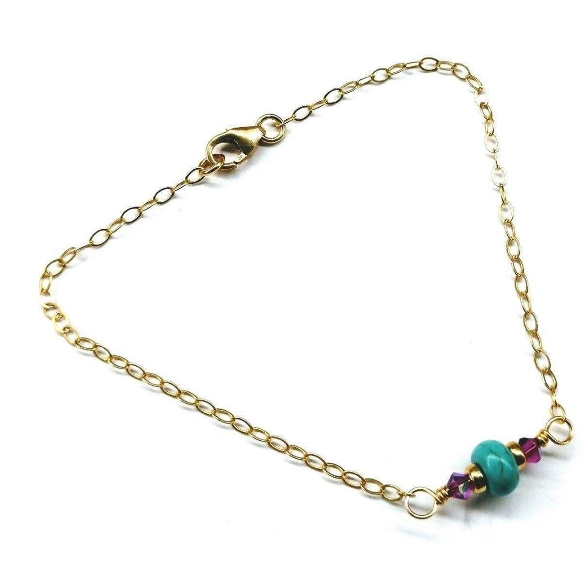 14K gold-filled pink and turquoise gemstone dainty bracelet with delicate chain and colorful stones, by Blue Crius.