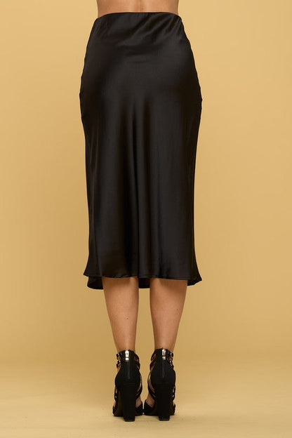 Automotive Jade Icarus Solid Satin Midi Skirt in a sleek, shiny satin fabric with a midi length and smooth finish.