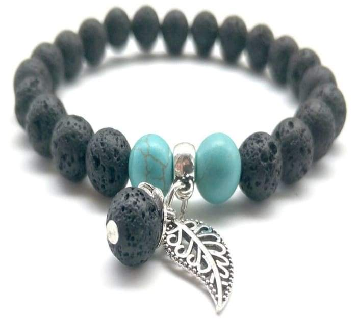 Black and turquoise feather charm lava stone essential oil bracelet featuring beads and charm, jewelry by Start2Finish.