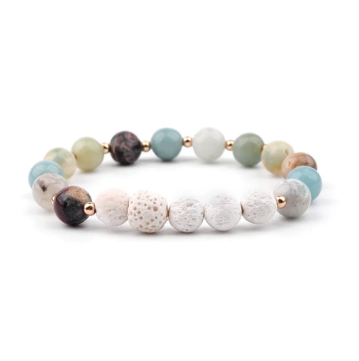 Lava stone essential oil bracelet with Amazonite and white beads, handmade jewelry by Start2Finish.