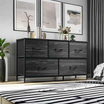 Charcoal black wood grain dresser with five drawers and fabric bins, modern furniture by Peach Maple, showcasing sleek storage design.
