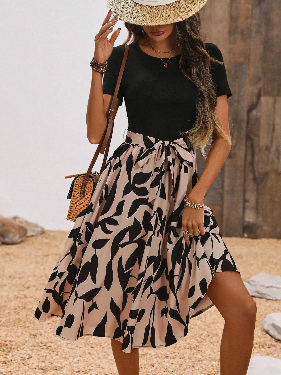 Ruby Styx printed round neck short sleeve midi dress for women, with a colorful floral pattern and relaxed fit.
