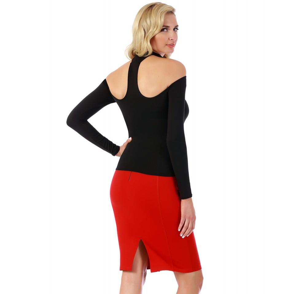 Black Scarlet Leek InstantFigure short pencil skirt with elastic waist, back view showing fitted style and smooth fabric.