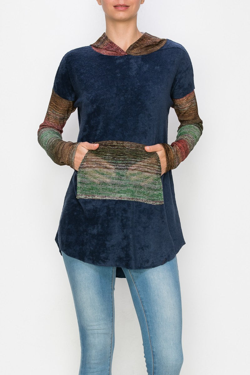 Yellow Hera navy hooded color block long sleeve top, casual dress with a front pocket and relaxed fit, worn by a model.
