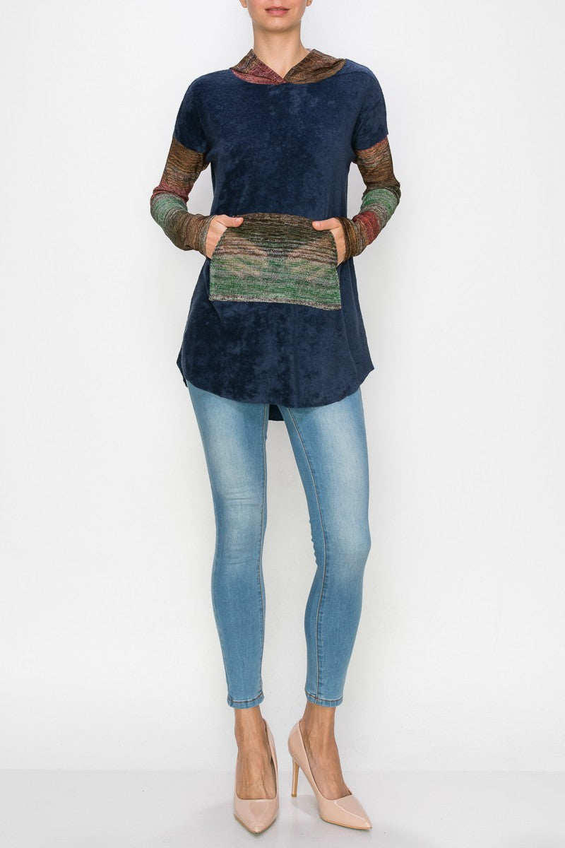 Navy hooded color block long sleeve top from Yellow Hera, shown on a model, featuring casual style with contrasting color panels.