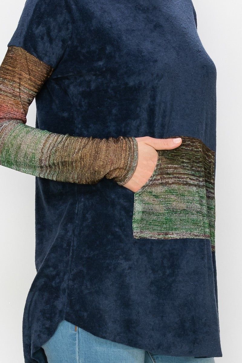 Yellow Hera hooded color block long sleeve top in navy, featuring a casual dress style with a front hood and contrasting color blocks.