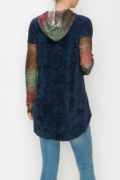 Navy hooded color block long sleeve top by Yellow Hera, featuring a casual dress style with contrasting color blocks.