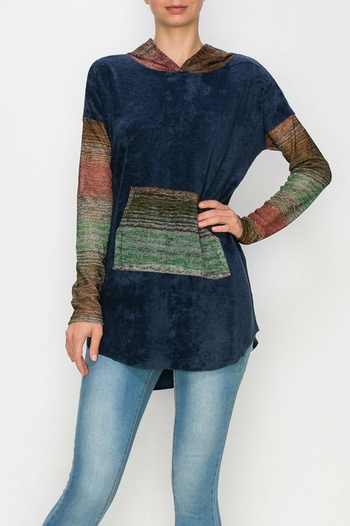 Navy hooded color block long sleeve top by Yellow Hera, featuring stylish design and comfortable fit.