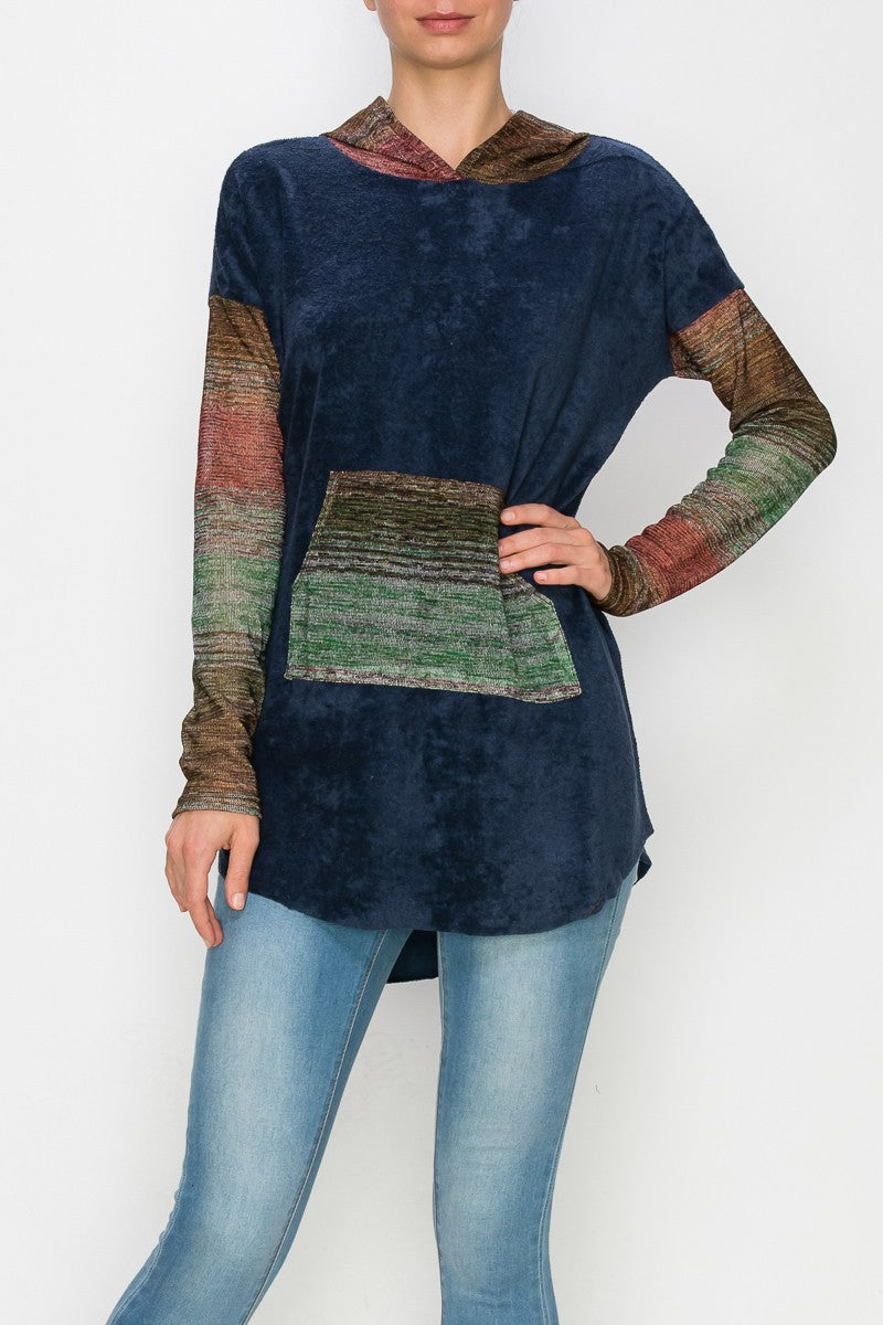 Yellow Hera hooded color block long sleeve navy top, casual dress with a hood and contrasting color panels, front view.