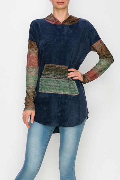 Yellow Hera hooded color block long sleeve navy top, casual dress with a hood and contrasting color panels, front view.