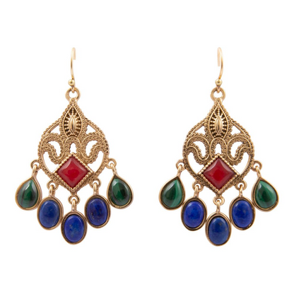 Luscious red quartz golden chandelier earrings with intricate metalwork and dangling gemstone details in jewelry display