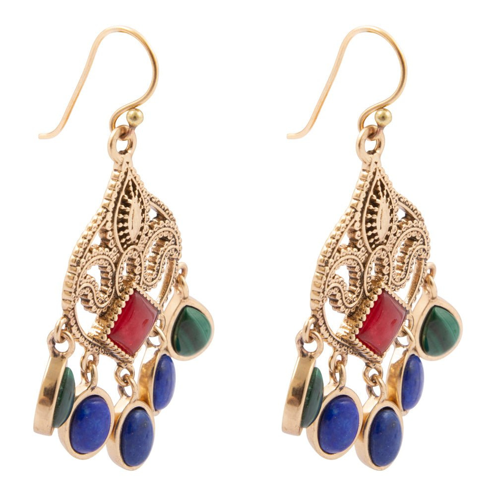 Luscious red quartz and gold chandelier earrings with intricate design, hanging from ear with detailed jewelry craftsmanship.