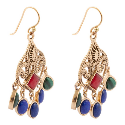 Luscious red quartz and gold chandelier earrings with intricate design, hanging from ear with detailed jewelry craftsmanship.