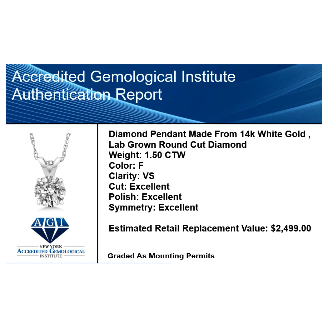 Start2Finish 1.50 Ctw lab-grown diamond pendant necklace in 14K gold with round F color VS clarity, AGI certified.