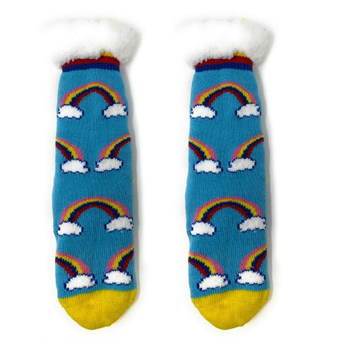 Kids Sherpa Slipper Sock by Jade Icarus featuring a cozy, plush interior and fun Happy Days design for warm comfort.