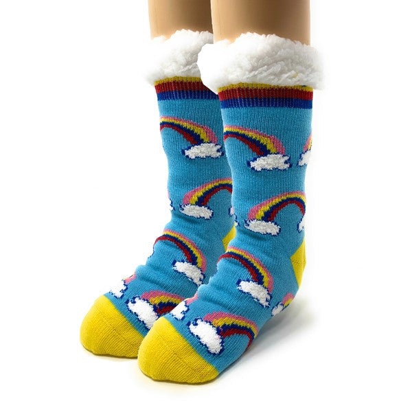 Kids Sherpa Slipper Sock by Jade Icarus featuring colorful, cozy sherpa fabric and fun happy days design for warm comfort.
