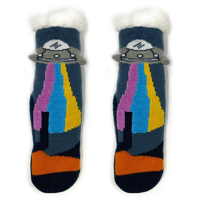 Kids Sherpa slipper socks by Jade Icarus featuring UFO design, soft plush interior, and cozy fleece exterior for warmth and comfort.