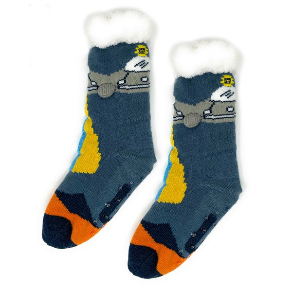 Kids Jade Icarus Sherpa slipper socks with UFO design, soft fleece lining, and colorful cartoon UFO print for cozy comfort.