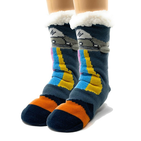 Kids Jade Icarus UFO Real Sherpa slipper sock with soft fleece lining and fun alien design, perfect for cozy winter wear.