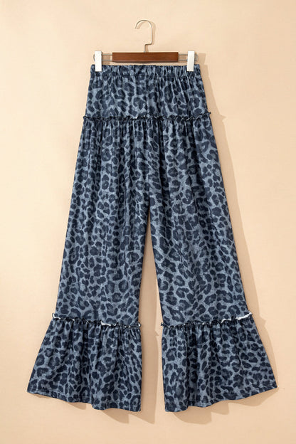 Leopard print wide-leg pants with frilled drawstring waist for women by Byzantium Bay, showcasing stylish and comfortable fashion.